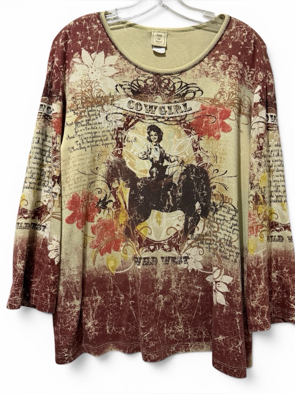 Jess & Jane XL Cowgirl 100% Cotton Long Sleeve Scoop Neck Shirt Made in USA B2‎